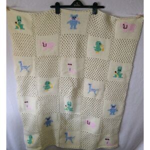 Vintage Hand Crochet Knit Afghan Throw Blanket‎ Baby Animals Elephant, Duck, Dog